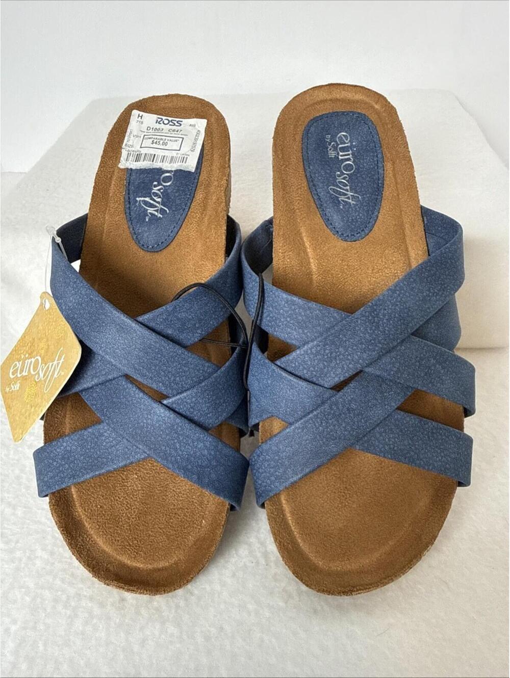 Euro Soft Sofft Woman’s 6.5 Boho  Sandals Shoes Blue Slip On Eurosoft Slide Cork